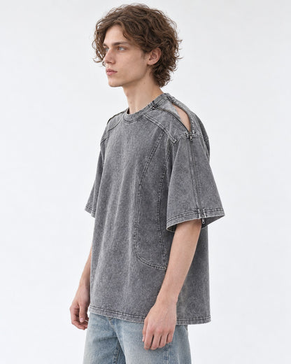 Washed Tee with Dropped Seam Sleeve