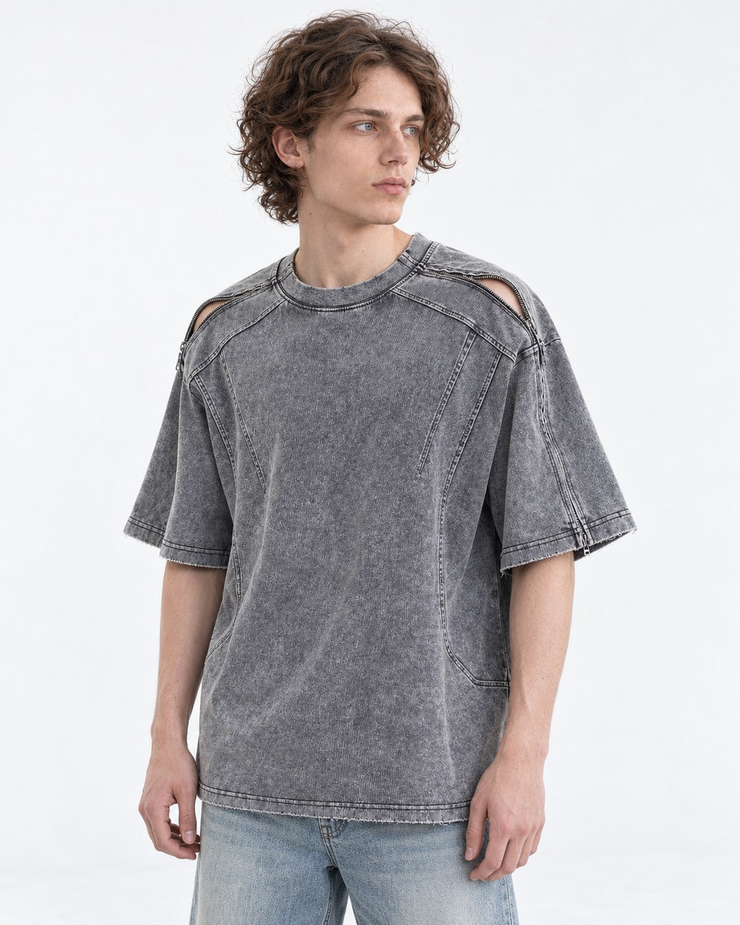 Washed Tee with Dropped Seam Sleeve
