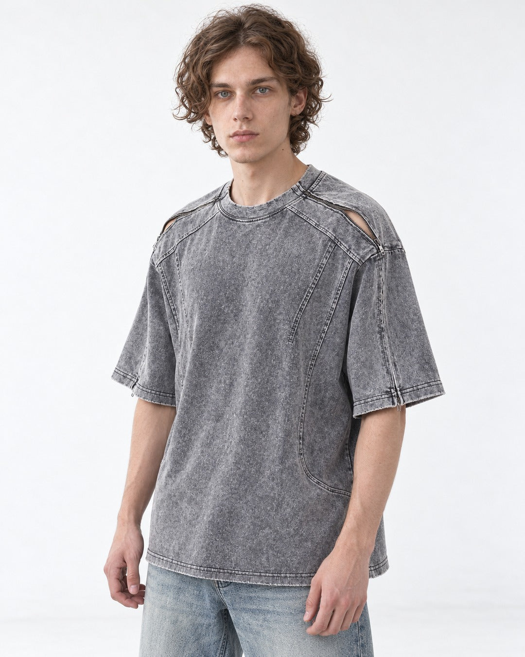 Washed Tee with Dropped Seam Sleeve