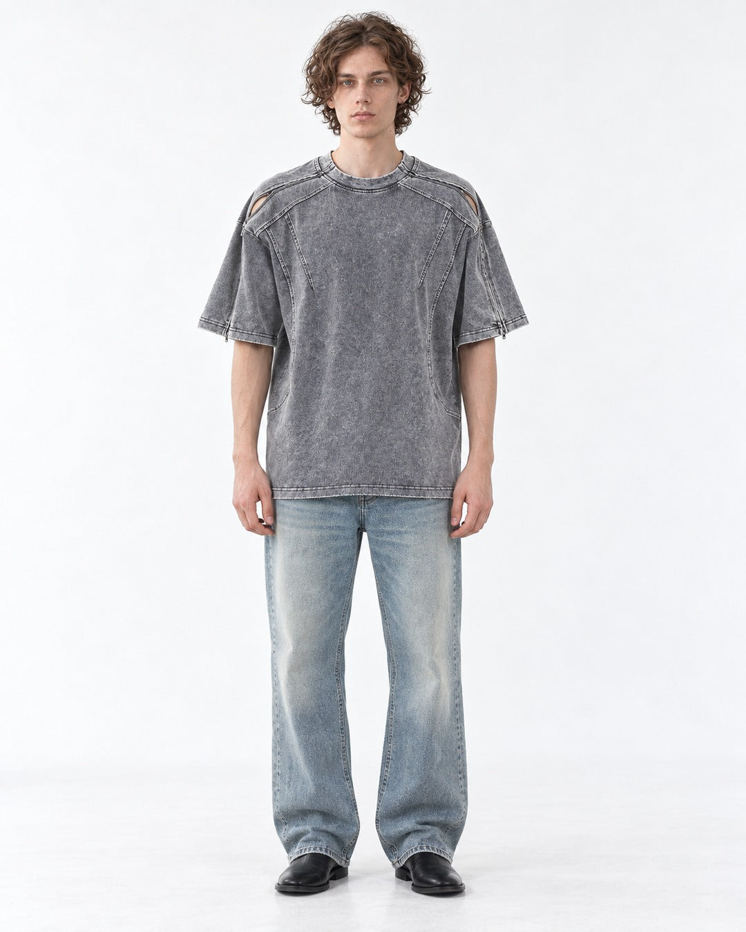 Washed Tee with Dropped Seam Sleeve