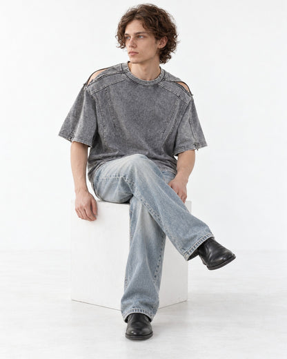 Washed Tee with Dropped Seam Sleeve