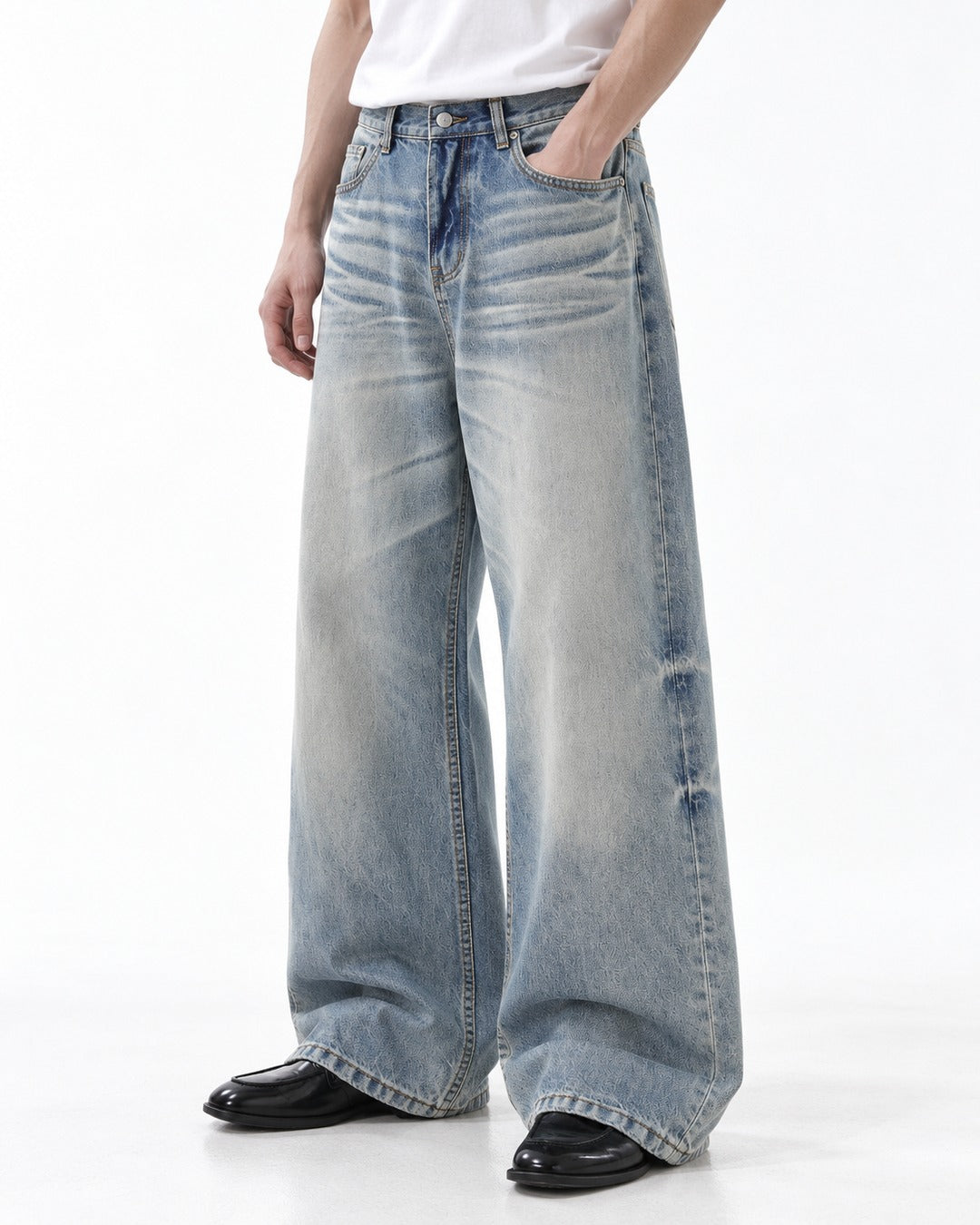 Whisker Wash Wide-Leg Jeans