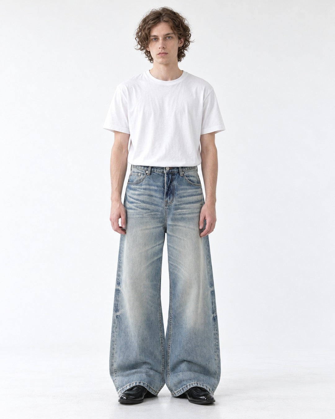 Whisker Wash Wide-Leg Jeans