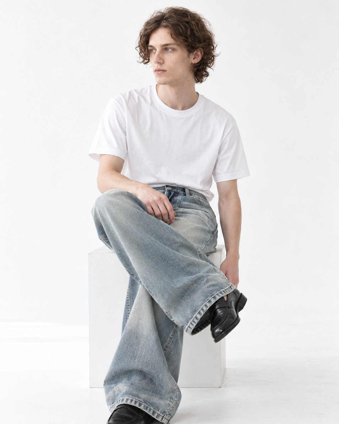 Whisker Wash Wide-Leg Jeans