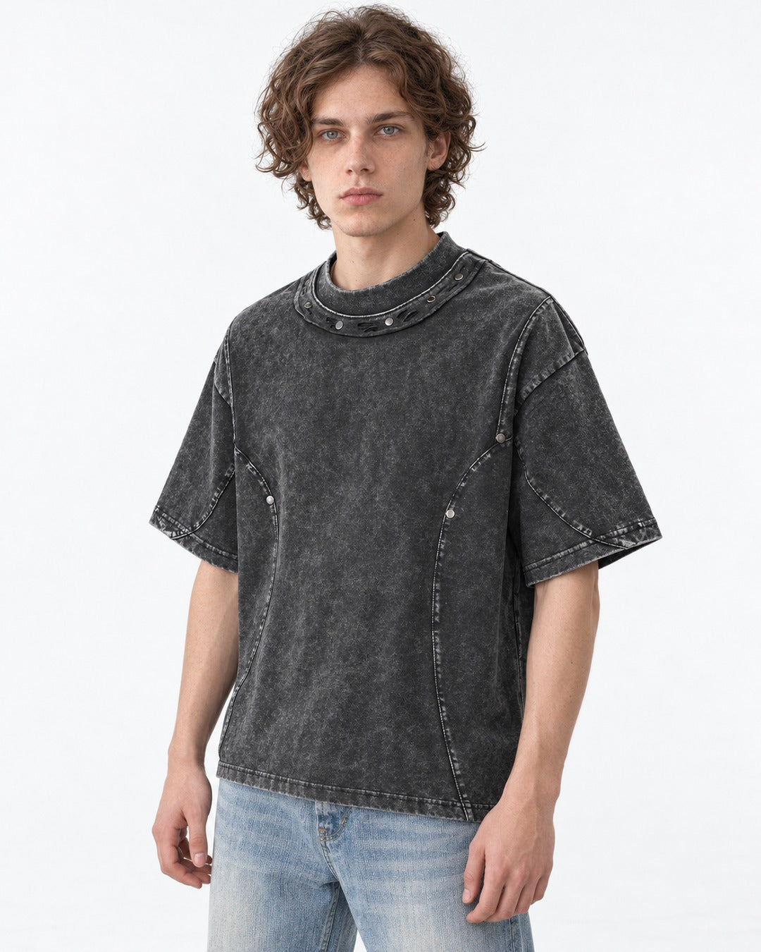 Washed Tee with Curved Seam Panel