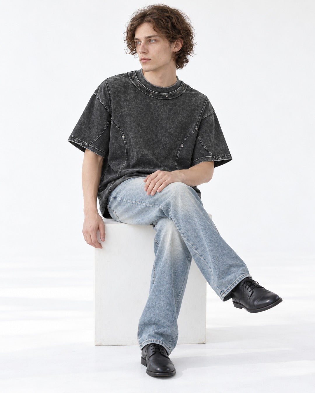 Washed Tee with Curved Seam Panel