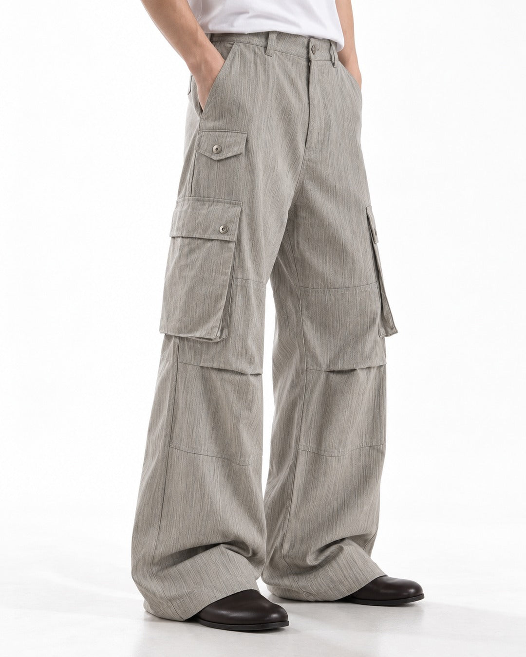Button-Flap Double-Pocket Wide-Leg Cargo Pants