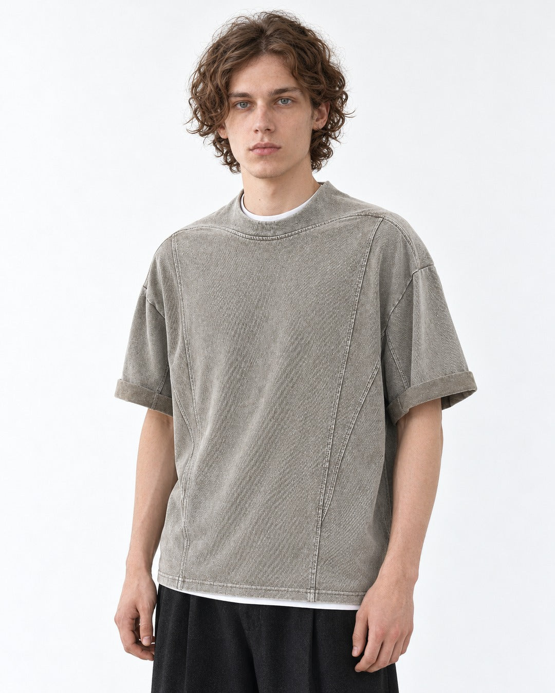 Washed Tee with Diagonal Panel