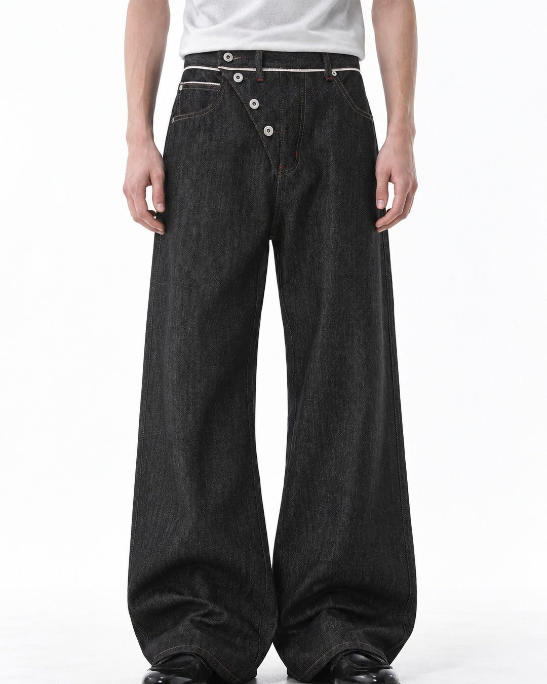 Diagonal Button-Fly Wide-Leg Jeans