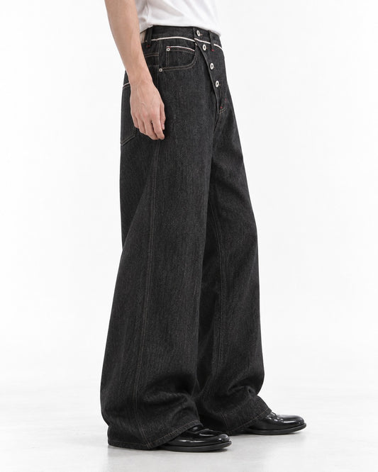 Diagonal Button-Fly Wide-Leg Jeans