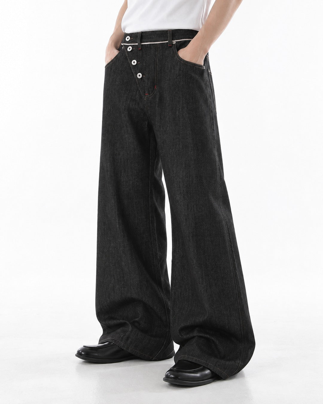 Diagonal Button-Fly Wide-Leg Jeans