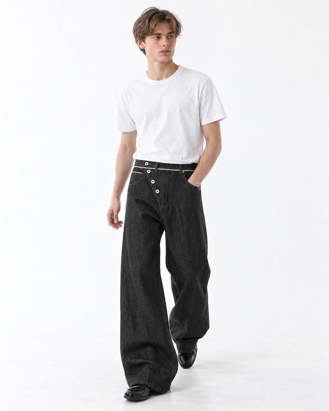 Diagonal Button-Fly Wide-Leg Jeans