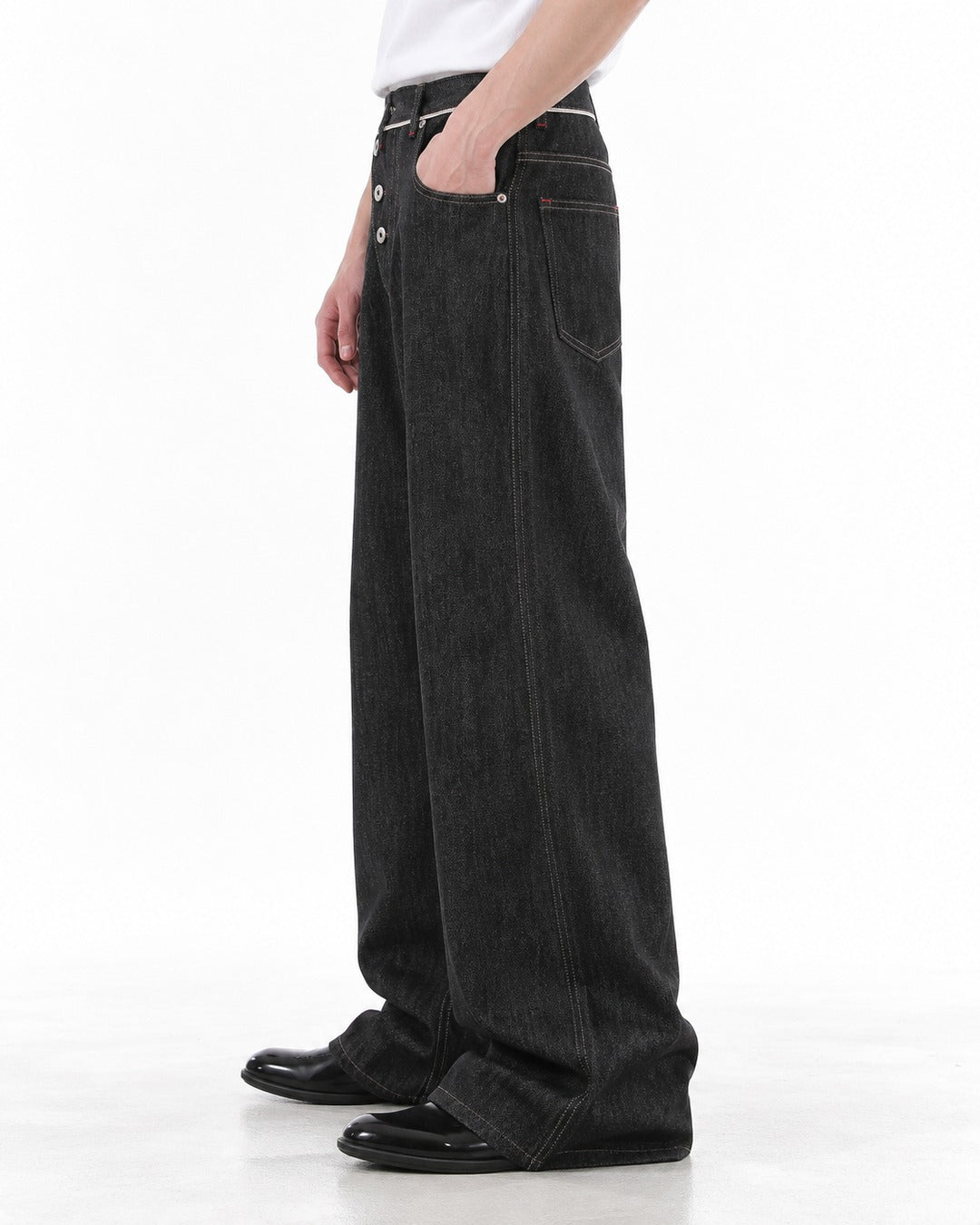 Diagonal Button-Fly Wide-Leg Jeans
