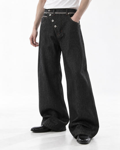 Diagonal Button-Fly Wide-Leg Jeans