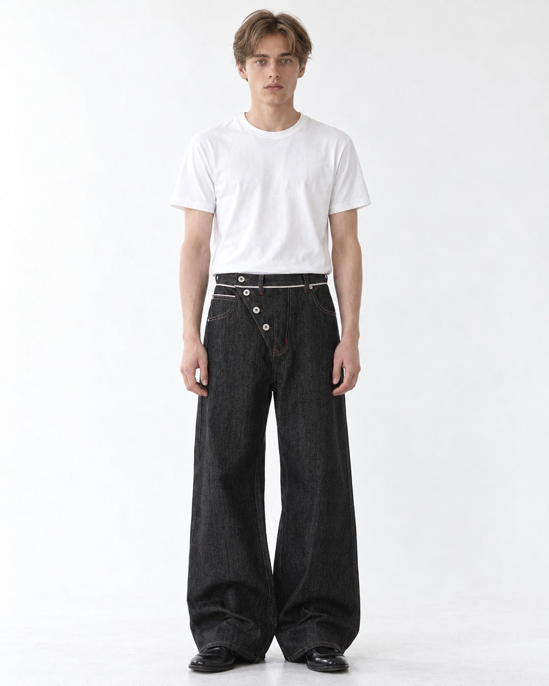 Diagonal Button-Fly Wide-Leg Jeans