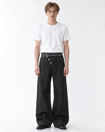 Diagonal Button-Fly Wide-Leg Jeans