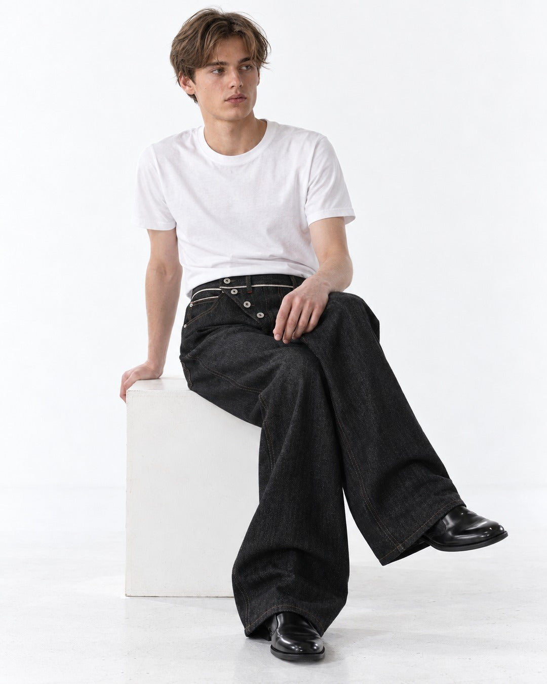 Diagonal Button-Fly Wide-Leg Jeans