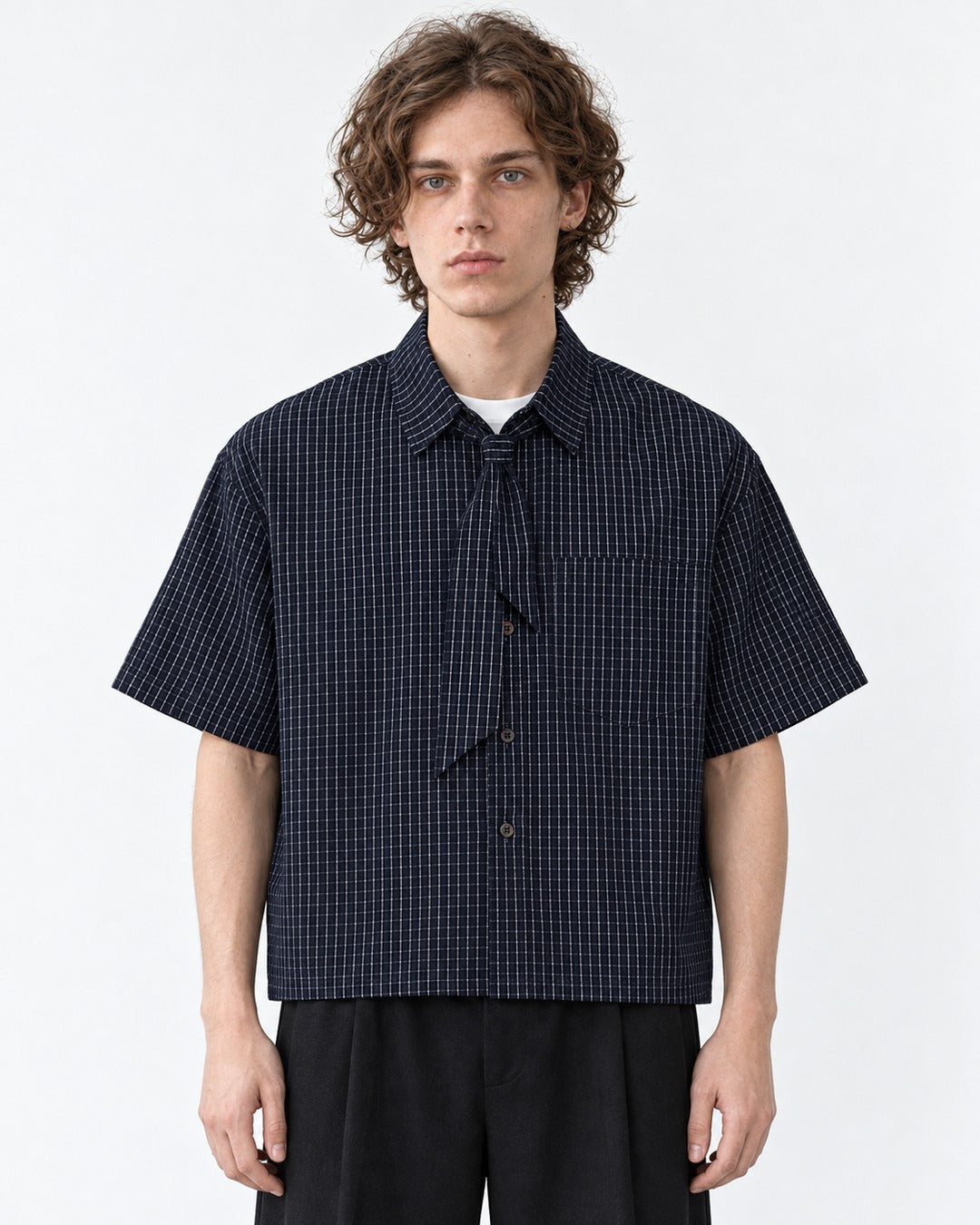 Micro-Check Shirt with Tie-Neck Detail