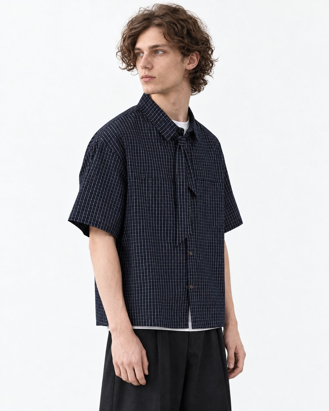 Micro-Check Shirt with Tie-Neck Detail