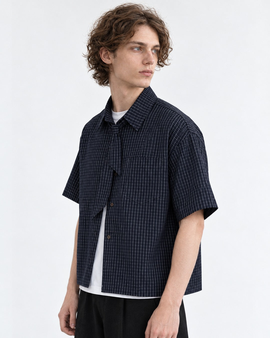 Micro-Check Shirt with Tie-Neck Detail