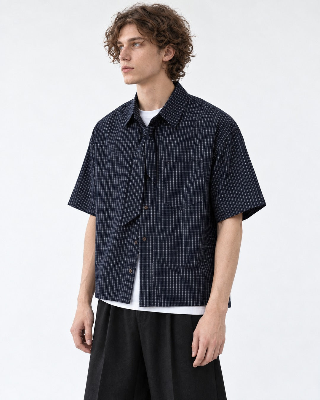 Micro-Check Shirt with Tie-Neck Detail