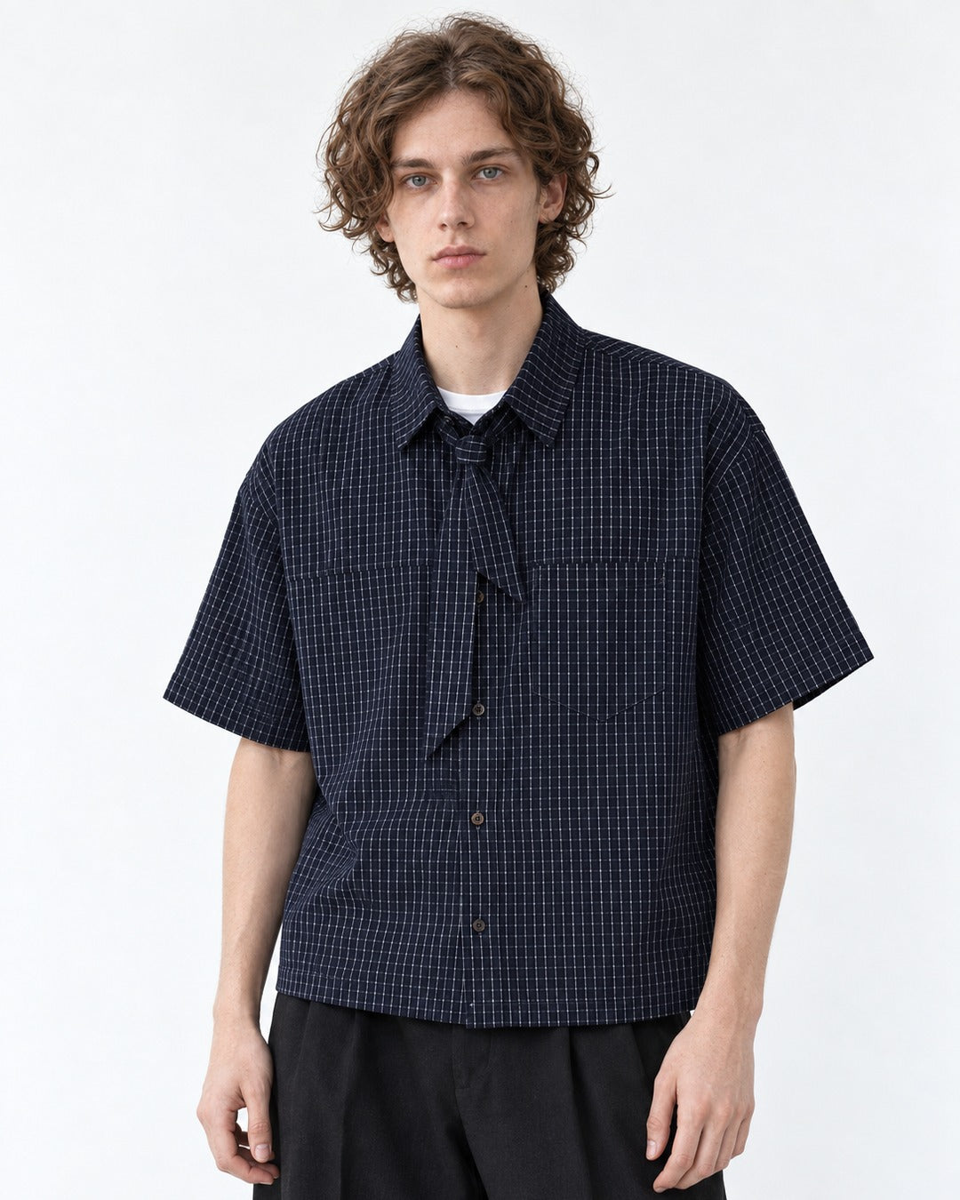 Micro-Check Shirt with Tie-Neck Detail
