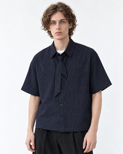 Micro-Check Shirt with Tie-Neck Detail