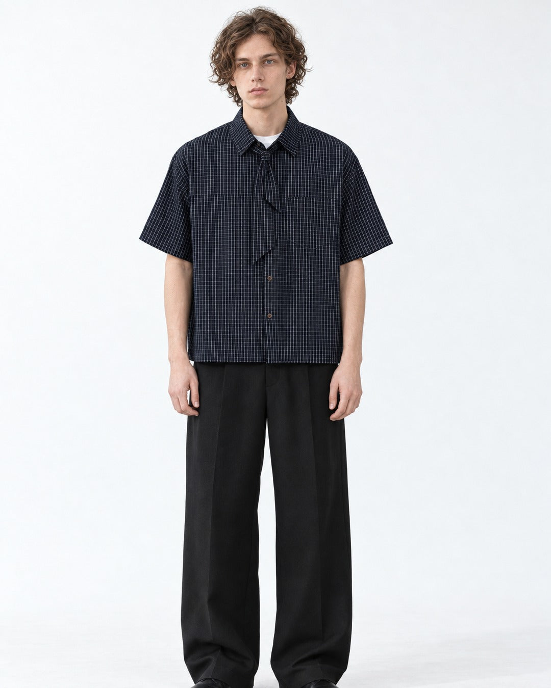 Micro-Check Shirt with Tie-Neck Detail