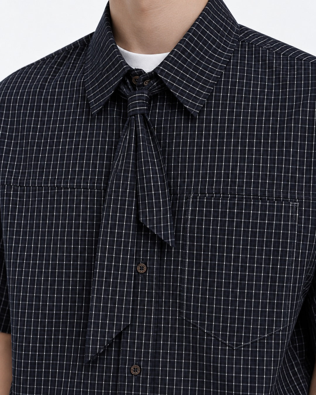 Micro-Check Shirt with Tie-Neck Detail