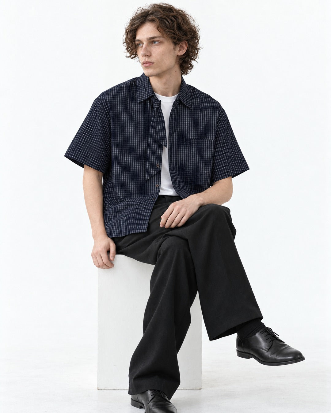 Micro-Check Shirt with Tie-Neck Detail