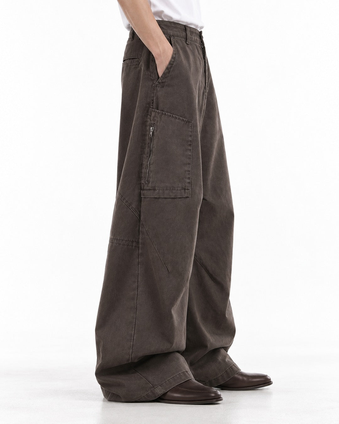 Zip-Pocket Diagonal-Panel Cargo Pants