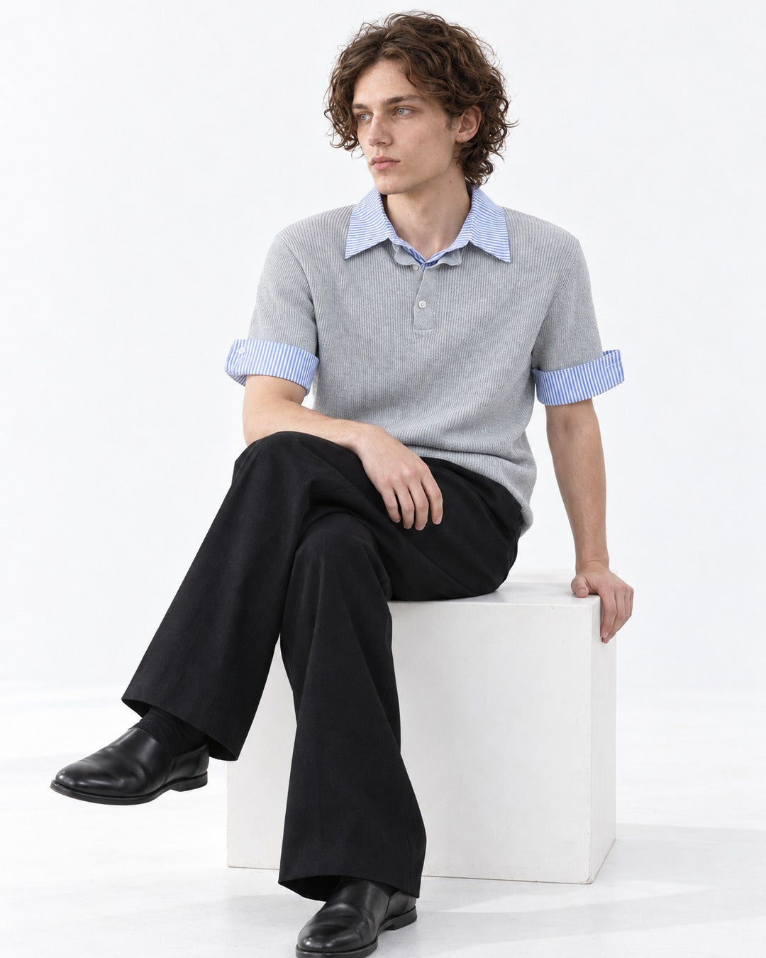 Knit Polo with Contrast Striped Cuffs
