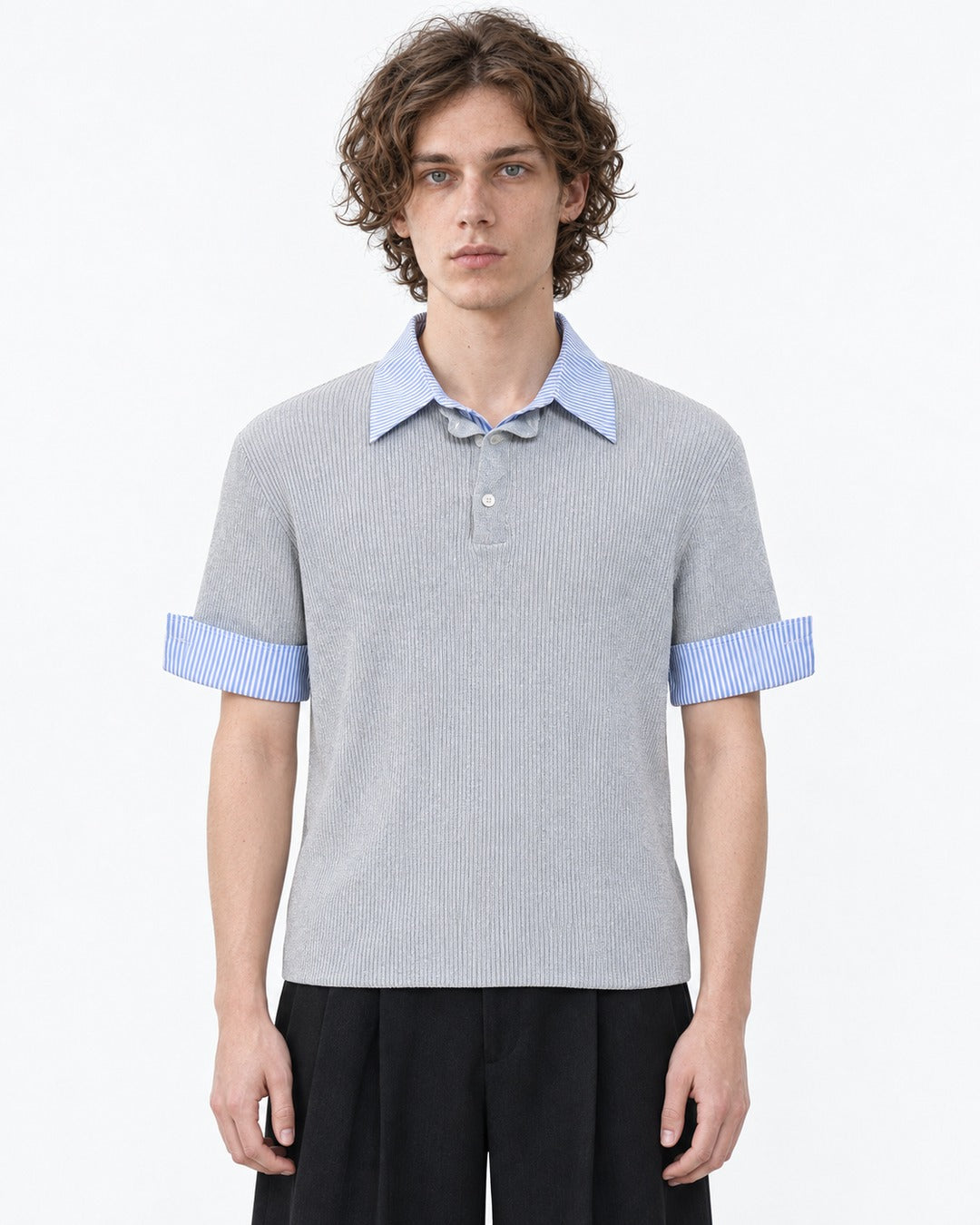 Knit Polo with Contrast Striped Cuffs (Gray)