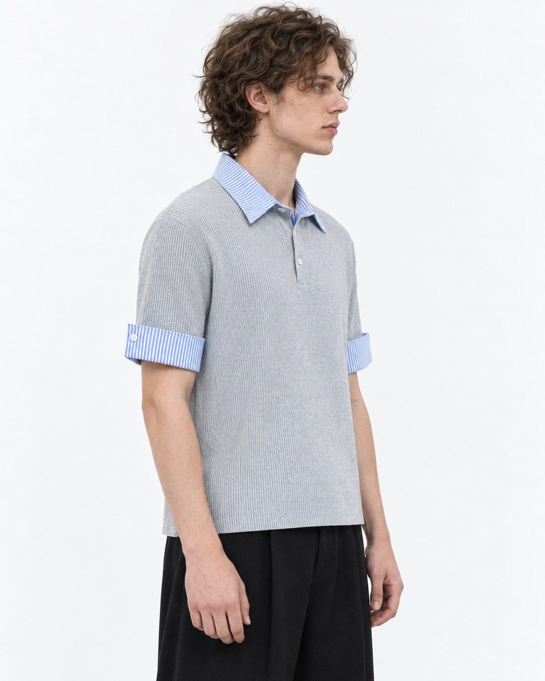 Knit Polo with Contrast Striped Cuffs (Gray)