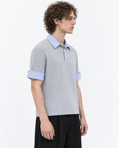 Knit Polo with Contrast Striped Cuffs (Gray)
