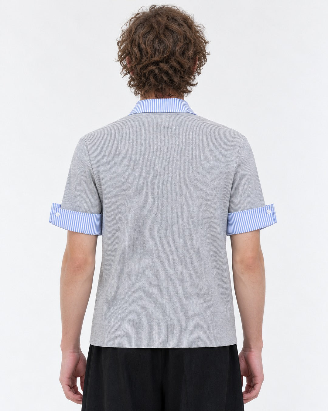 Knit Polo with Contrast Striped Cuffs (Gray)
