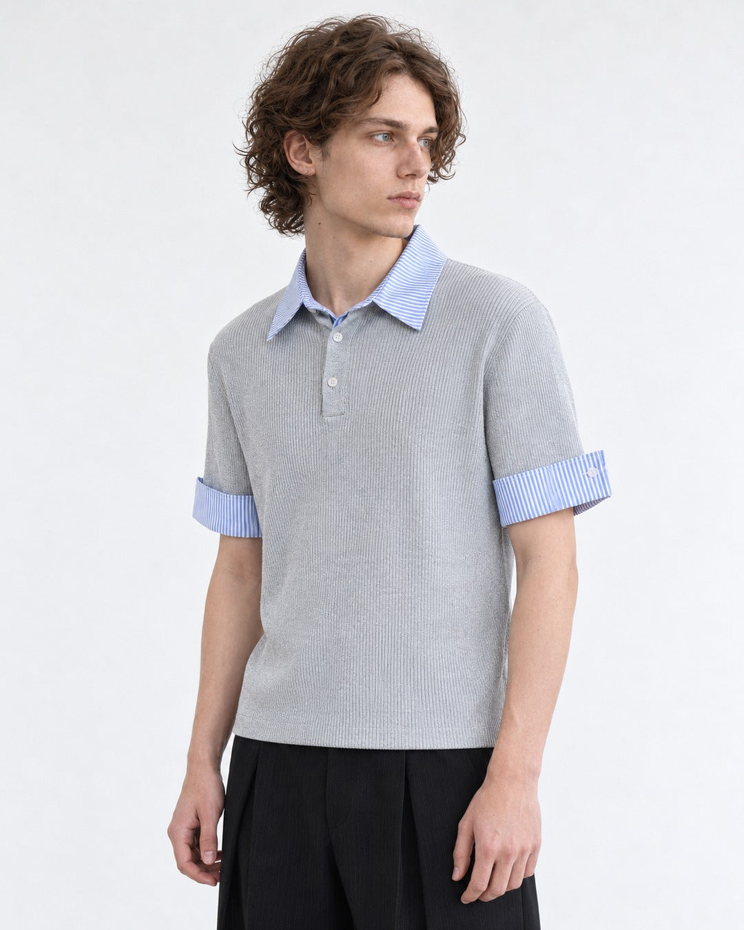 Knit Polo with Contrast Striped Cuffs (Gray)
