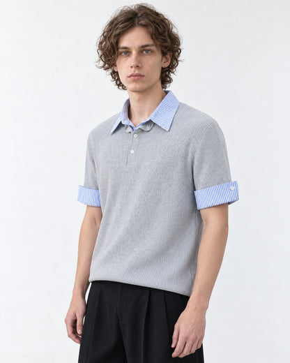 Knit Polo with Contrast Striped Cuffs (Gray)