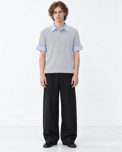 Knit Polo with Contrast Striped Cuffs (Gray)