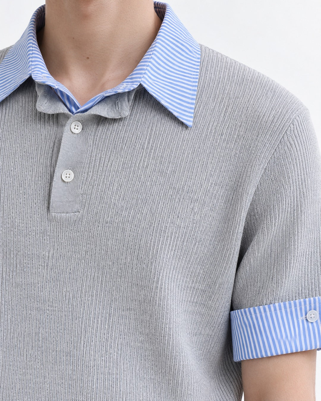 Knit Polo with Contrast Striped Cuffs (Gray)