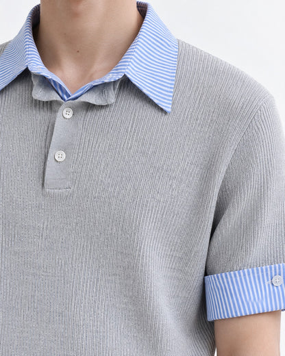 Knit Polo with Contrast Striped Cuffs (Gray)