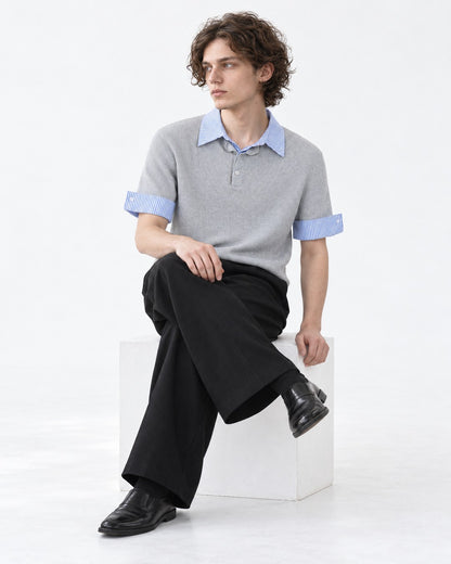 Knit Polo with Contrast Striped Cuffs (Gray)