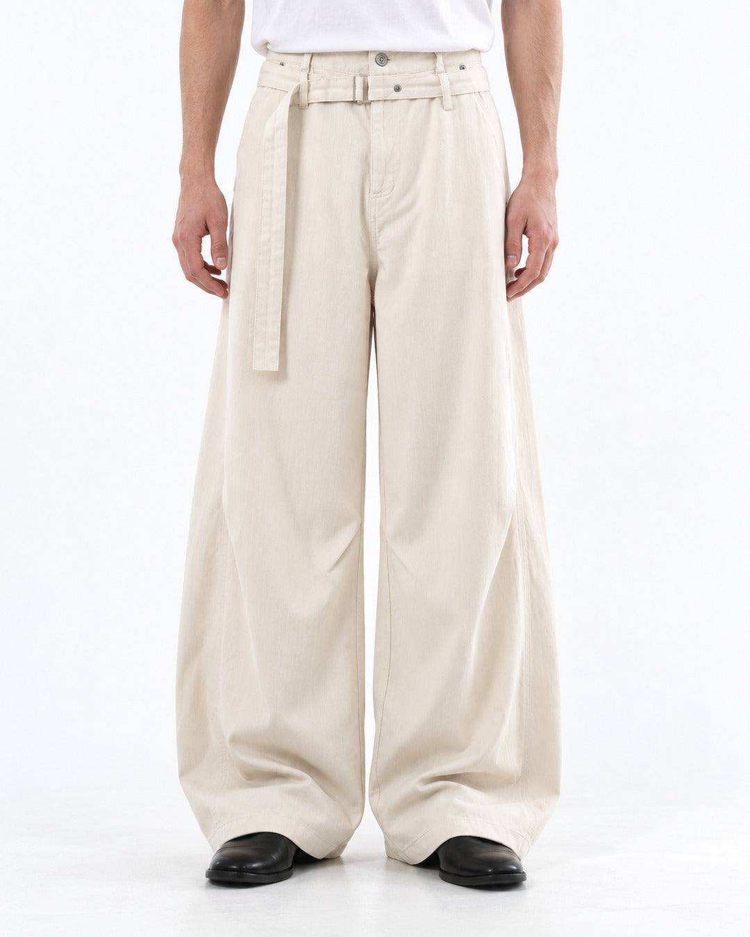 Self-Belt Riveted Wide-Leg Trousers