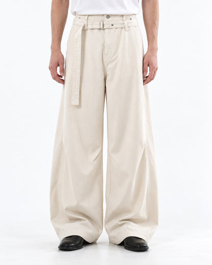 Self-Belt Riveted Wide-Leg Trousers