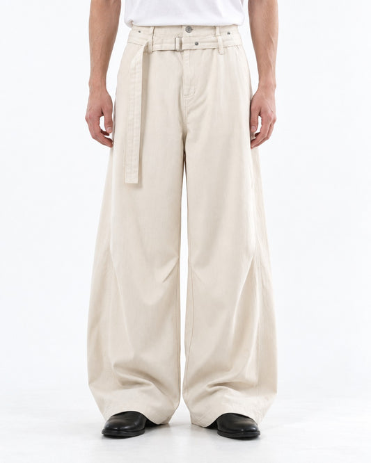 Self-Belt Riveted Wide-Leg Trousers