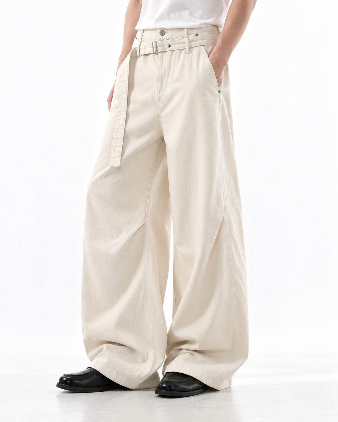 Self-Belt Riveted Wide-Leg Trousers