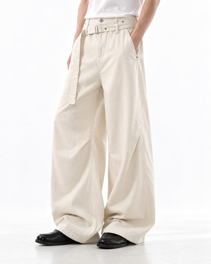 Self-Belt Riveted Wide-Leg Trousers