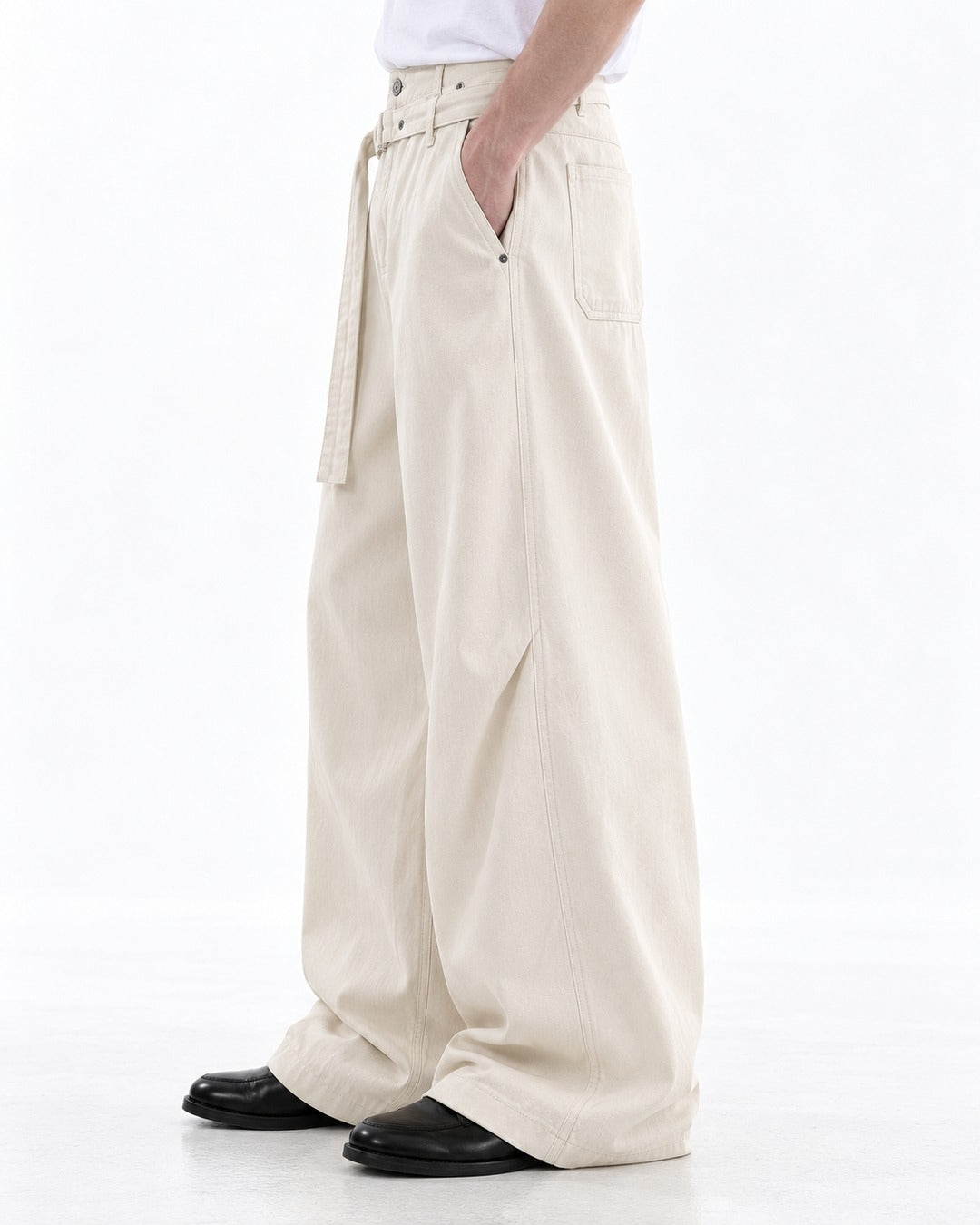 Self-Belt Riveted Wide-Leg Trousers
