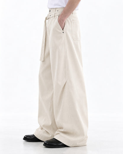 Self-Belt Riveted Wide-Leg Trousers