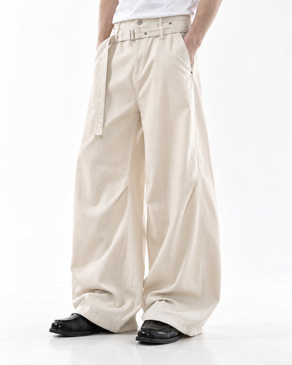 Self-Belt Riveted Wide-Leg Trousers